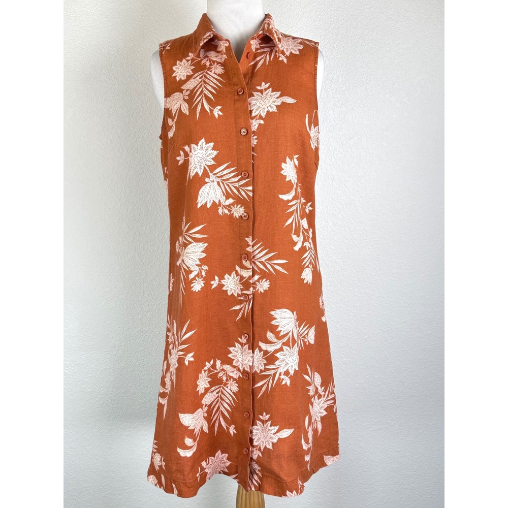 Garnet Hill Linen Shirt‎ Dress 6 Rust Floral Sleeveless Button Front Boho